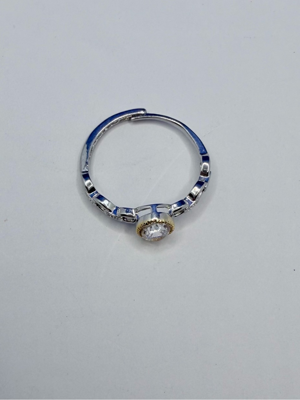 Adjustable Silver Tone Oval Clear Crystal Ring | Two-Tone Bezel - Picture 3 of 4